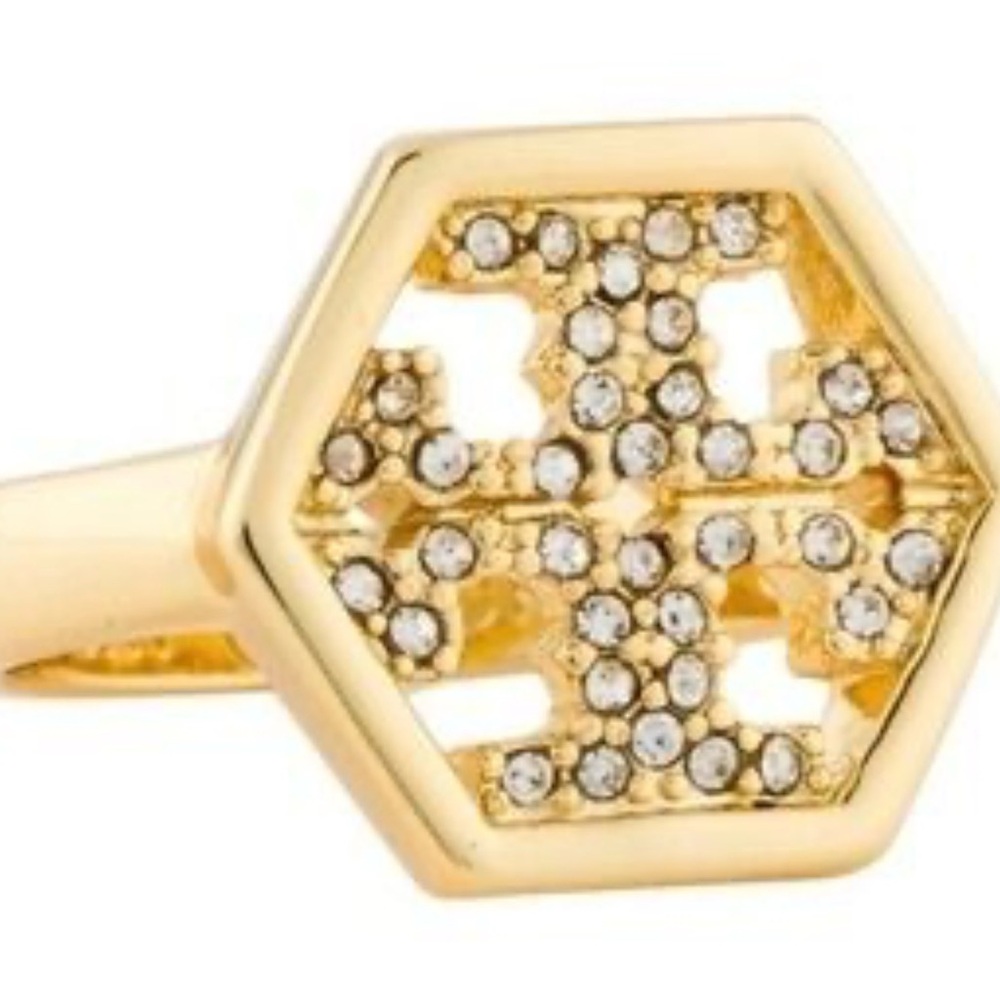 NEW TORY BURCH CRYSTAL COCKTAIL HEXAGON PAVE LOGO RING IN GOLD TONE SIZE 7.75